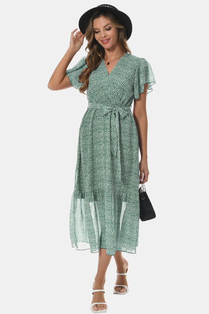 Surplice Neck Flutter Sleeve Tied Dress