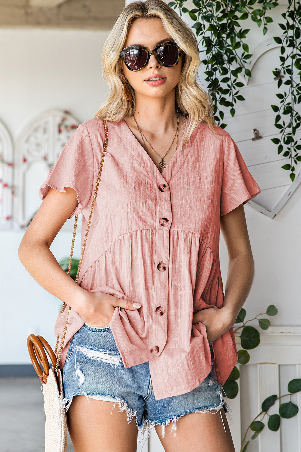 Button Down V-Neck Short Sleeve Shirt